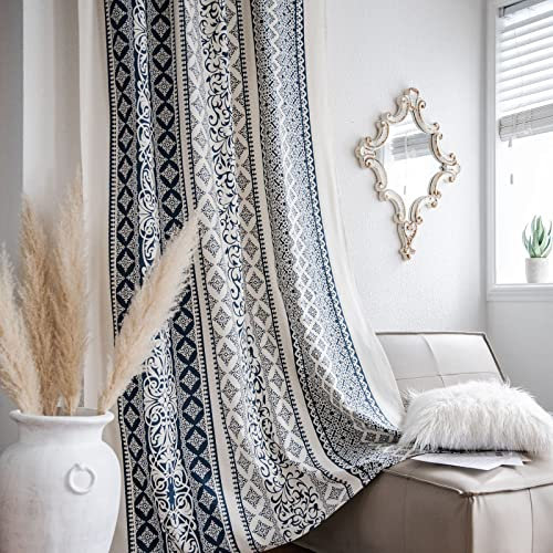 Tospass Vorhang Boho Blickdicht Gardinen Leinen Baumwoll Geometrisch Halbtransparente Vorhänge mit Quaste 2er set Landhausstil Vintage Gardienen für Wohnzimmer Curtains 150x240cm HellBlau, Blau Beige