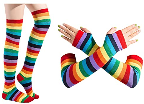 Thajaling Damen Regenbogen Socken Handschuhe Set,Bunter Regenbogen Streifen Lange Strickhandschuhe Socken,Gestreifte Kniestrümpfe Armwärmer Fingerlose Handschuhe Set