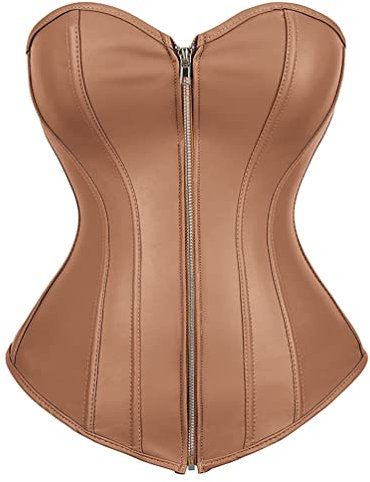 Hengzhifeng Corsage Damen Kunstleder Korsage Reissverschluss Korsett Top Gothic (EU 34-36,Braun)