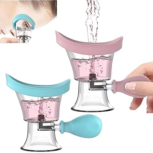 Lot de 2 gobelets pour le lavage des yeux, kit de nettoyage des yeux à pression d'air manuelle, gobelet bain pour les yeux silicone avec récipient rangement apaisant les yeux fatigués (bleu, rose)