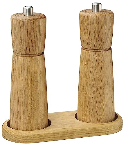 Zassenhaus Mühlenset KIEL Eichenholz 18 cm inklusive Untersetzer | Geschenkset | Pfeffer & Salzmühle | mit stufenlos verstellbarem Keramikmahlwerk | befüllte Gewürzmühlen | Ø 5,5 cm, H: 18 cm