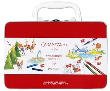 Caran d'Ache Swisscolor 3000.223 Kit de voyage en métal rouge avec système de fermeture en métal et poignée en plastique blanc