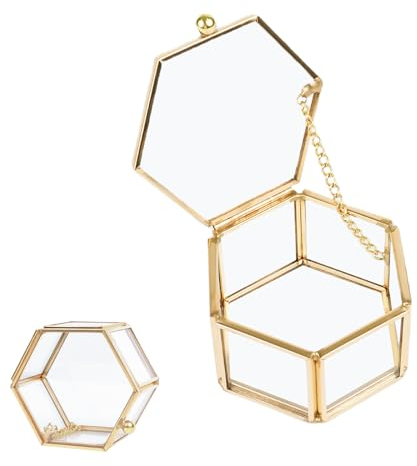 Boîte à Bijoux Hexagone en Verre, Boîte à Bijoux en Verre, Boîte Bijoux Verre Doré Transparent, Boîte à Bijoux Géométrique Doré, Boîte À Bijoux en Verre Transparent, pour Le Stockage Bijoux et Fleurs