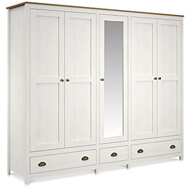 moebel-eins TRICO Kleiderschrank/Drehtürenschrank, Material Massivholz, Kiefer Weiss/eichefarbig, 5-türig