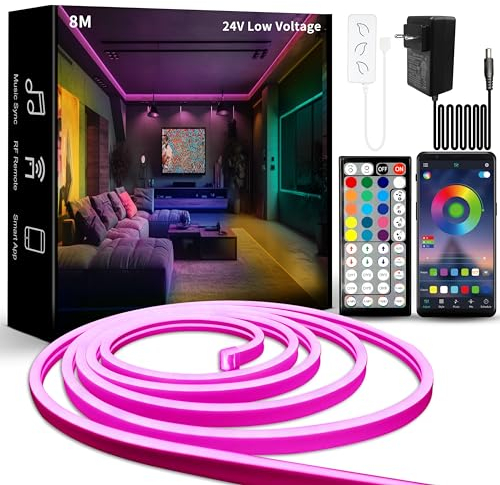 BUNACET Neon LED Strip Streifen RGB 8M 24V Dimmbar, Neon LED Band Lichtband IP67 Wasserdicht Flexible, LED Strip Silikon DIY mit App Steuerung, Musik Sync Netzteil & RF Fernbedienung für Innen Aussen
