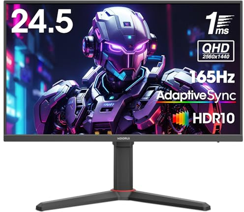 KOORUI Monitor Gaming 24.5 Pulgadas, 165Hz, 2K QHD(2560 x 1440), IPS, 1ms, Adaptive Sync, 2X HDMI & DisplayPort, Giratorio, Elevable, Montable VESA de 75 x 75 mm, Protección Ocular