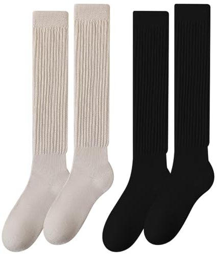 EUPSIIU 2 Paires Chaussettes Hautes Montantes Femme Filles, Chaussettes Souples,Genou Haute Chaussettes, Longues Chaussettes Montantes Tricotées Chaussettes D'hiver de Bottes (Coton, L)