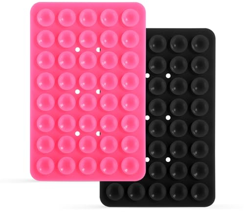 PEUTIER 2pcs Suction Cup Phone Mount, Double-sided Silicone Phone Holder with 40 Strong Suction Cups Fidget Toy Hands-Free Sticky Phone Grip for iPhone Android on Flat Surfaces (Pink, Black)