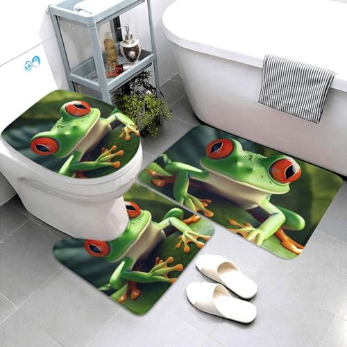 rutschfeste 3 Badteppich Set Niedlicher Frosch-Druck Wasserabsorbierend U-Förmigen Contour Matte Weiche Wc-Deckelabdeckung Shaggy 3-Teiliges Badteppich-Set