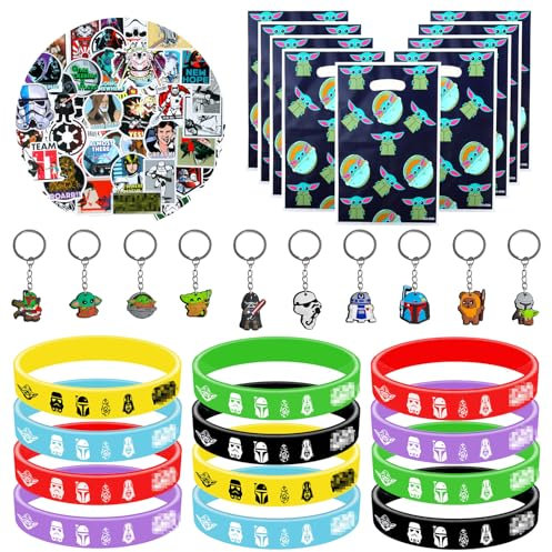 Yo-da Party Mitgebsel Set, Wars Mitgebsel Kindergeburtstag, Wars Geburtstagsdeko Partygeschenk Set Mit 10 Star Krieg Schlüsselanhängers, 12 Silikonarmbands, 10 Wars Party Geschenktütes, 50 Aufklebers