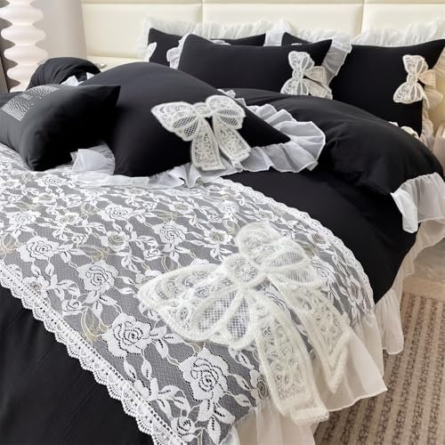 MOOWOO Chic Rüschen-Spitzen-Bettwäsche-Set, Schleife, Bettbezug mit Schmetterlingskrawatte, 2-teiliges Bettdeckenbezug mit Reißverschluss, kokettes Raumdekor, Schwarz, volle Größe