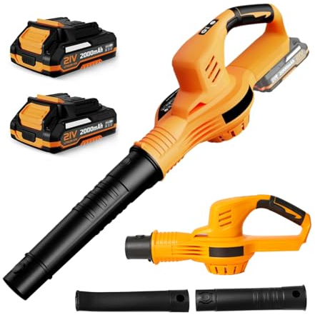 Soffiatore di foglie senza fili 21 V, soffiatore a foglie con batteria 4,0 Ah, 3000 W, 2 modalità di velocità per la manutenzione del prato, soffiaggio della neve e rimozione della polvere (giallo)