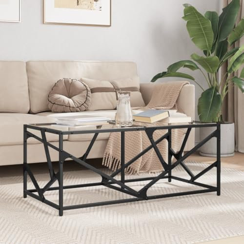 Baziroo Mesa de Centro Con Tablero de Cristal, 98,5 x 50 x 41 cm, Zona de Espera, Mesa de Teléfono, Auxiliar, de Salón, Materiales de Madera, Acero y Cristal