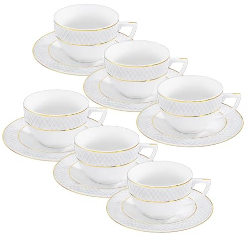 Wilmax - Tassen mit Untertassen - Goldmuster - 6er-Set - 240 ml - Kaffeetassen aus Porzellan - Weiß - Geschirrset für 6 Personen - Tassenset für Kaffee, Tee, Desserts - Kaffeeservice