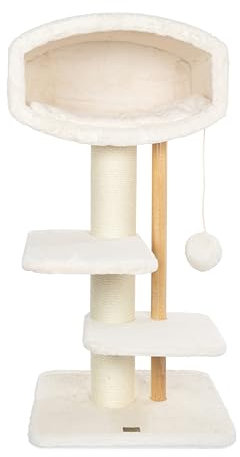 Bontoy Kratzbaum Paco Creme 123cm mit XXL Stämmen 15cm Durchmesser I sehr Stabil Bauweise I große Höhle mit Kissen I 2 Stufen zum Aufstieg I auch für große Katzen I