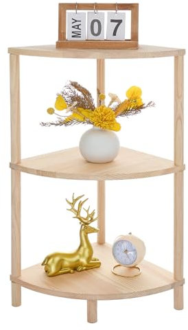 GOENMOOL Corner Shelf Unit, 3 Tier Wooden Corner Shelves Display Rack, Multipurpose Conner Shelving Unit for Living Room, Bedroom, Kitchen & Bathroom Storage Organiser, 31.5x31.5x70.5cm