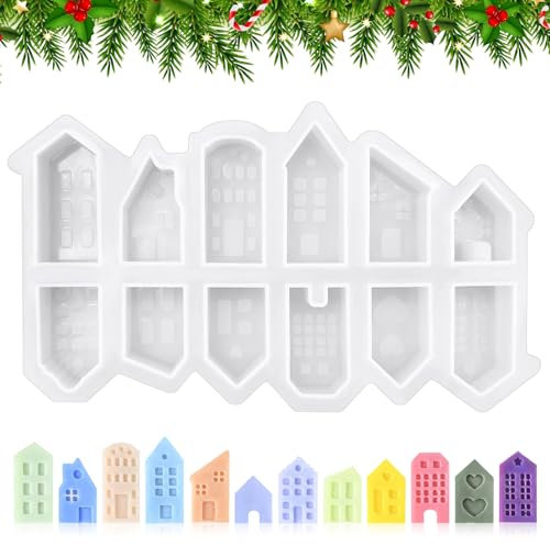 Aulese Stampo in silicone per casa con cuore, 12 stampi in silicone per mini case, stampi in silicone, stampi per colata in silicone, per lavori fai da te, gesso, candele