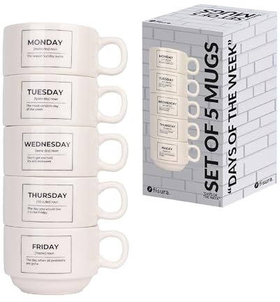 Fisura – Set di tazze originali Days of the Week. Tazze bianche con frasi divertenti. Tazze con messaggi originali per regali. Set di 5 tazze in ceramica simpatiche