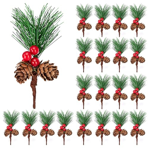 Jesustree Ramas de Pino Artificial con Bayas Rojas y Piñas, 20 Piezas Pequeñas Rama Pino Baya, Navidad Decoración de Corona de Adviento, Guirnalda Festiva, DIY Regalos