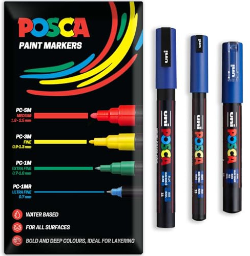 Posca Water Based Acrylic Paint Marker Pens | Multi Surface Use Permanent Paint Pen | Pack of 3 Pens in Envelope Gift Packaging | Glass Fabric Wood etc | PC-1MR, PC-1M, PC-3M, Blue