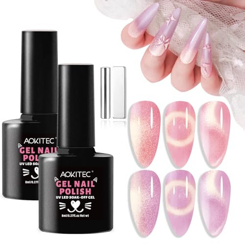 Aokitec Cat Eye Gel Nail Polish Set: 8ml Pink Purple Shimmer Magnetic Nail Polish Gel with Magnet,9D Soak Off U V LED Lamp Halo Gel Polish for Manicure Starter Nail Art Kit Salon DIY Gift Girls Women