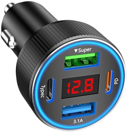 Car Charger Adapter, 78W 4 Port Cigarette Lighter USB Charger with Voltmeter Metal Car Phone Chargers Fast Charging Dual USB C 12V/24V USB Socket for iPhone 16 15 14 13, iPad, Samsung Galaxy, Android