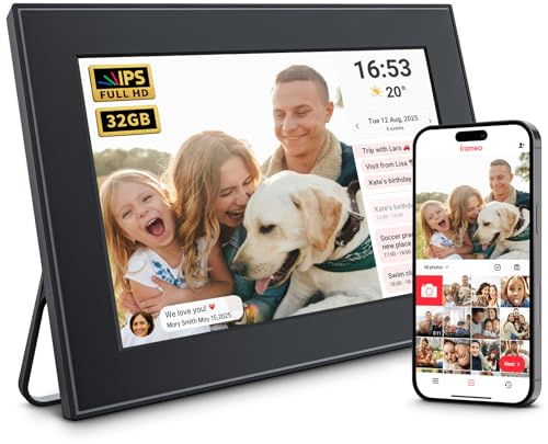 32GB WiFi Digitaler Bilderrahmen 10,1 Zoll Rahmen Schwarz | 1280x800 HD IPS Touchscreen, Auto-Rotate, Teilen Sie Fotos / Videos über Frameo App, Wandmontage
