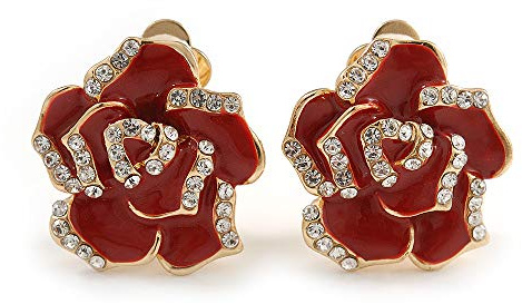 Boucles d'oreilles à clip en émail rouge et cristal transparent 20 mm D/Romantique ton or