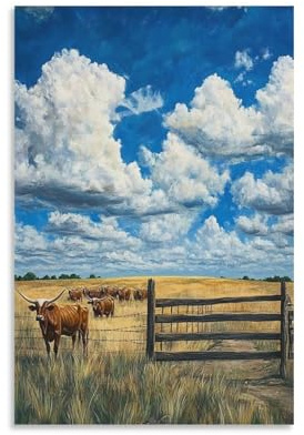 BNCEDJK Leinwandposter Texas Longhorn Ranch, Wandkunst, Dekordruck, Bild Gemälde für Wohnzimmer, Schlafzimmer, Dekoration, 60 x 90 cm