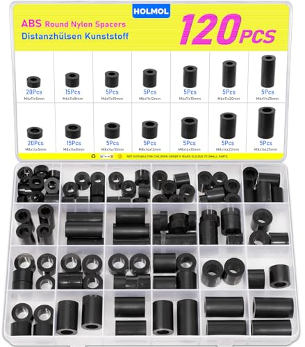 HOLMOL Distanzhülsen Kunststoff 120 Stück, Rund Abstandshalter Kunststoff für M6 M8 Schrauben, 14 Größen Schwarz Nylon Ohne Gewinde Unterlegscheiben, Isolierung Distanzscheiben mit Box