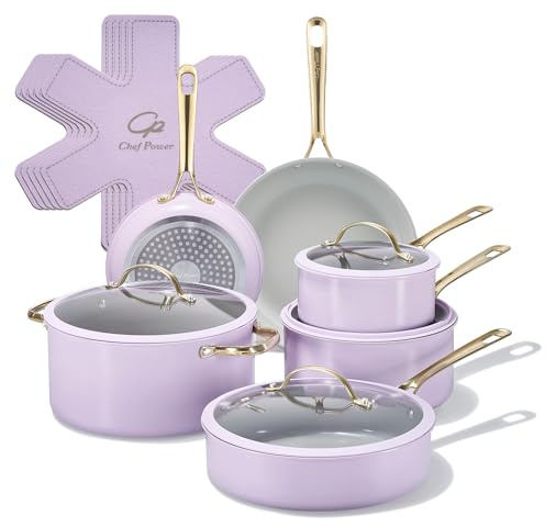 Chef Power Ceramic Cookware Sets, 15Pcs Pots and Pans Set Non Stick, Cookware Set with Stainless Steel Handle, Dishware & Oven Safe, Light Purple and Granite Grey
