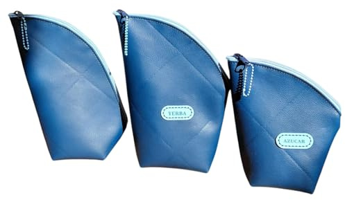 Genérico Set de 3 Bolsas Materas de Cuero Ecológico Azul, Yerbera, Azucarera y Portamate, Diseño Semicircular, Forro interior lavable, 3 piezas, regalo original