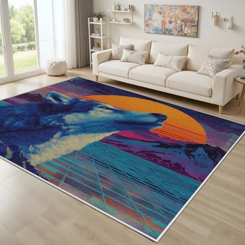 Dyjuaa Tier Wolf Teppich Wohnzimmer 80x120 cm Sonnenuntergang Berg rutschfest Kurzflor Kunstwolle Teppich Cyberpunk Teppiche Waschbar für Schlafzimmer Bettvorleger Büro
