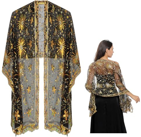 lafo Cape Stola Damen mit Sternen und Mond Festlicher Umhang Bolero für Abendkleider, Hochzeiten,Weihnachtsfeiern,Indischer Stil, Pailletten Design