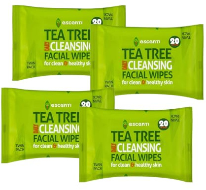 Tea Tree Cleansing Facial Wipes Multipack, 4 Packs of 20 Wipes, Daily Face Cleansing Wipes for Oily & Blemish-Prone Skin