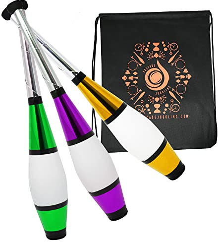 Juggle Dream 3 x Euro Clubs - Green, Purple, Gold - Great Beginner to Intermediate Juggling Clubs with Cascade Juggling Bag
