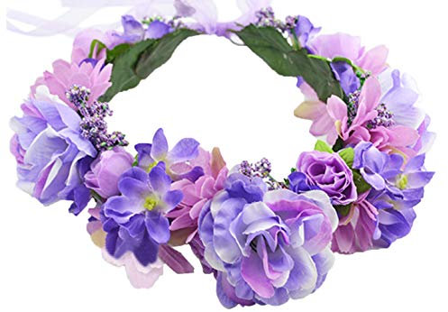 Brikuinr Floral Wreath Headband Flower Wreath Crown Hair Wreath Hair Garland Flower Halo Floral Headpiece Boho with Ribbon Wedding Party Festival Purple