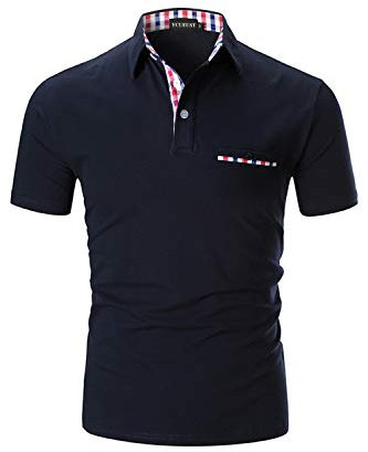 YCUEUST Homme Coton Lattice Manches Courtes Polo Casual Basic Tennis Golf Poloshirt Bleu XXL