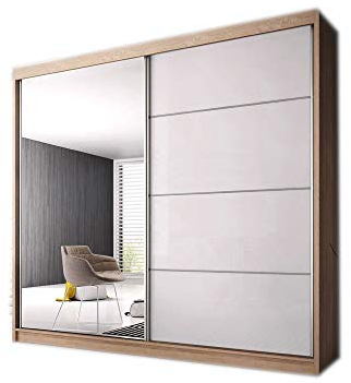 MOEBLO Kleiderschrank Schwebetürenschrank mit Spiegel 2-türig Schrank mit vielen Einlegeböden und Kleiderstange Gaderobe Schiebtüren BxHxT 183x218x61 - K006 (Sonoma + halb-hohglanz+Spiegel)