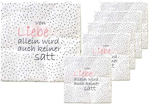 Bada Bing 6er Set mit 120 Stück Servietten mit Spruch für Geburtstag Hochzeit - lustige Papierservietten weiß „Von Liebe allein wird auch keiner satt“ - edle Tischdeko Deko für den Frühling Sommer