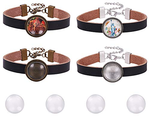 SUNNYCLUE 8 Stück 2 Farben Cabochon-Lederarmband-Herstellungsset Enthält 4 Stück Armband-Rohlinge Lünette Fassungen Und 4 Stück 18 mm Runde Klarglas-Cabochon-Kuppel-Fliesen-Schmuck