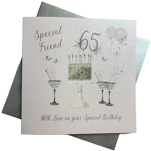 WHITE COTTON CARDS SS42-SF65 Geburtstagskarte zum 65. Geburtstag, Champagnergläser, rosa Rosen, 16 x 16 cm