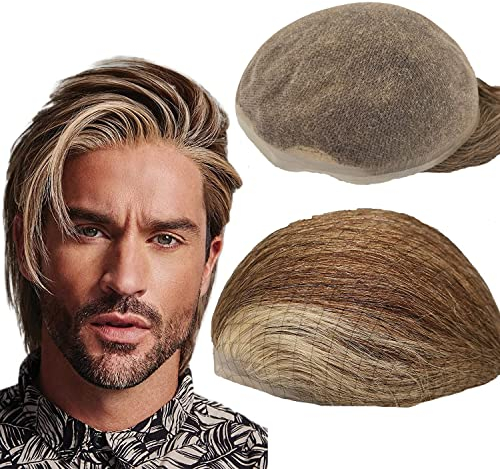 Echthaar Toupet für Männer, NLW Herren Toupet Echthaar Ersatzsystem Europäisches Echthaar Perücke natürliche atmungsaktive Schweizer Spitzenhaarteil Echthaarperücken für Männer 10x8 (blonde)