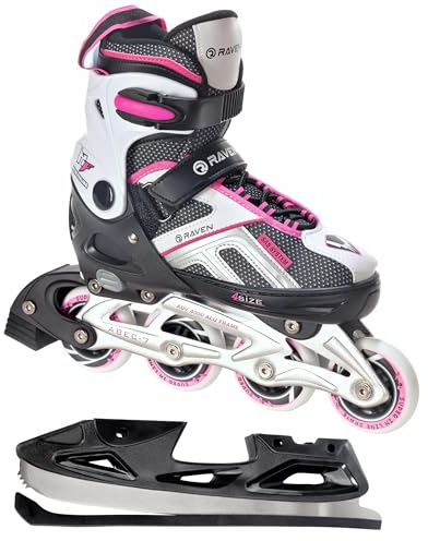 Raven Pulse Inline Skates Inliner für Kinder und Erwachsene OPTIONAL 2in1 mit Schlittschuhen verstellbar (Black/Pink mit Kufen, 40-43 (25,5-28cm))