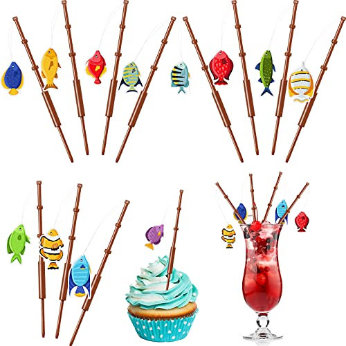 Juinte 36 Pcs Fishing Birthday Party Decorations Fish Cupcake Pole Picks Fishing Themed Party Supplies Little Fisherman Tropical Appetizer Pick Cocktail Decoration for Tropical Cocktail Cake Decor