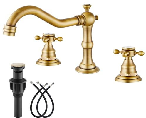 gotonovo Badezimmer-Wasserhahn, 3 Löcher, 20,3 cm, breite Waschbeckenarmatur, 2 Kreuzgriffe, Vintage-WC-Waschtischarmatur mit Pop-Up-Ablauf, H-C-Etikett, antikes Messing