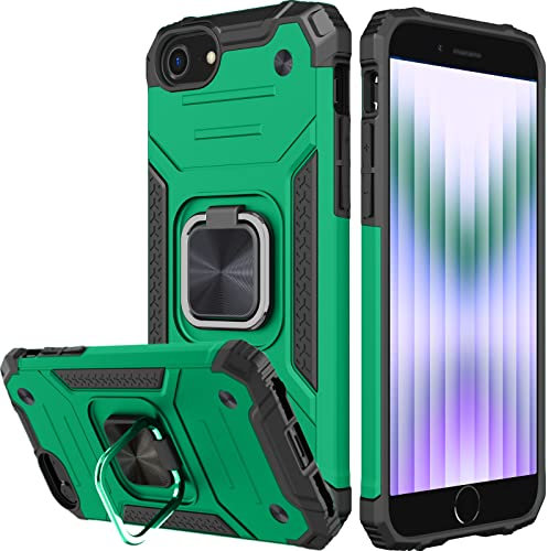 Honeyview ShockProof Case for iPhone SE 2020/2022, iPhone 8/7/6s/6 with Ring Kickstand, Bumper Armour Phone Cover for Apple iPhone SE 2nd 3rd Generation - Dark Green