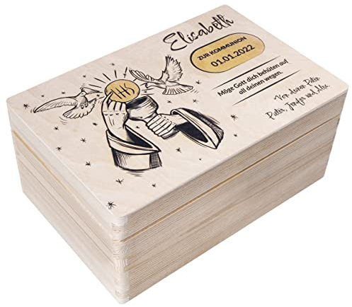 Creative Deco Personnalisé Première Communion Cadeau Boite | Boîte à Souvenirs en Bois pour Garçon et Fille | Personnalisés - Calice et Colombe | Personnalisable Idée Coffret Décorations