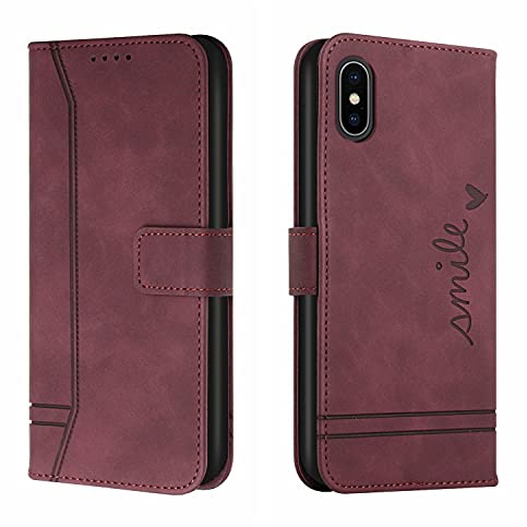 Trugox Handyhülle für Apple iPhone X/iPhone XS Hülle Klappbar Klapphülle mit Kartenfach Handytasche Handy Schutzhülle Tasche Leder Wallet Flip Case Slim Book Cover - Claret Red