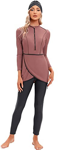 IBTOM CASTLE Muslimische Badeanzug Damen, Burkini Damen Muslim, Ganzkörper Badeanzug Damen, Hijab Badeanzug Damen, Bescheidene Modest Muslim Swimwear Langarm Top+Hosen+Hijab 3 Stücke Set Ziegelrot S